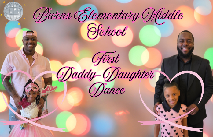  A flyer for the daddy daughter dance with two men with their hands on their daughter's shoulders.